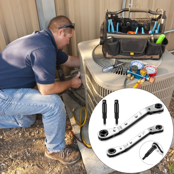 Hvac Service Wrench Tools:3/16” to 3/8” 5/16'' x 1/4''Air Conditioner Valve Ratchet Wrench with 2 Hexagon Bit Adapter Kit for Air Refrigeration and Equipment Repair Tools Clearance - Image 3