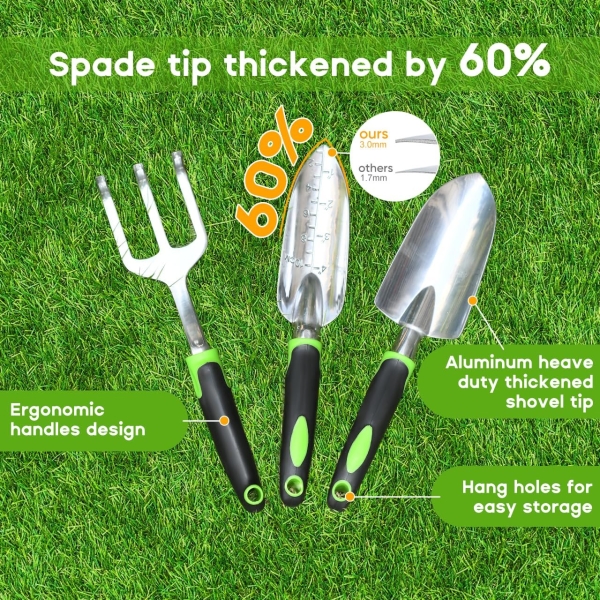 ZUZUAN Garden Tool Set, 3 Pack Aluminum Heavy Duty Gardening Kit Includes Hand Trowel, Transplant Trowel and Cultivator Hand Rake with Soft Rubberized Non-Slip Ergonomic Handle, Garden Gifts - Image 7