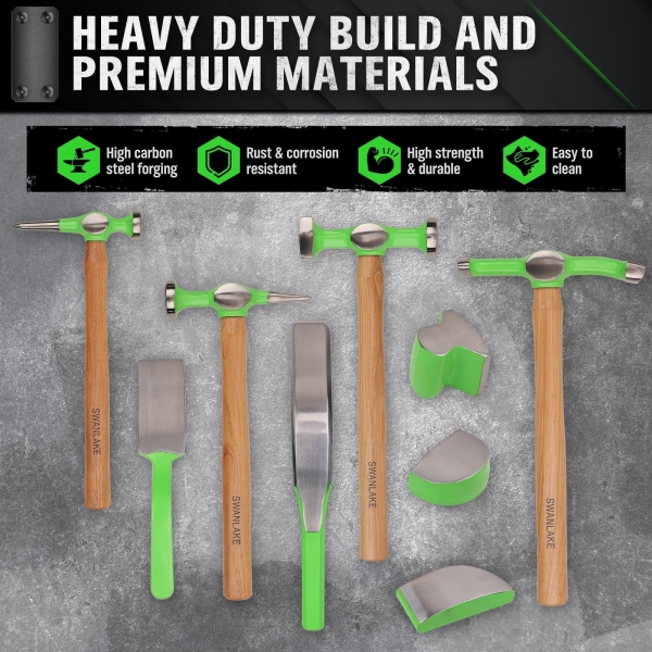 SWANLAKE GARDEN TOOLS 9Pcs Auto Body Hammer and Dolly Set, Heavy Duty Car Body Dent Repair Tool Kit with Carrying Case, Wood Handles, Performance Carbon Steel Hammers and Dollies Set, Fender Tool Set - Image 5