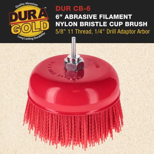 Dura-Gold 6" Abrasive Filament Nylon Bristle Cup Brush - Coarse Sanding Scuffing Brush, 5/8" 11 Thread, 1/4" Drill Arbor - Remove Rust, Corrosion, Paint - Surface Prepping for Truck Bed Liner Coatings - Image 6