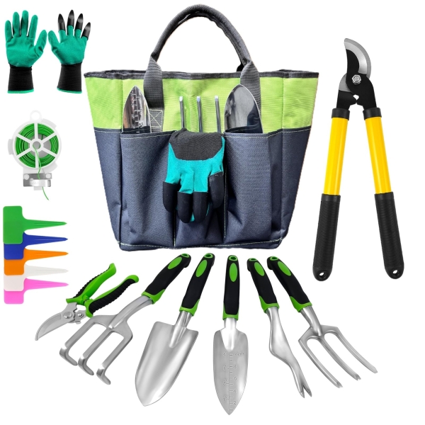 41-Piece Premium Gardening Tool Set, Stainless Steel Heavy Duty Gardening Tool Set, with Non-Slip Rubber Grip, Storage Tote Bag, Outdoor Hand Tools, Ideal Gardening Gifts for Women (Green/Gray)